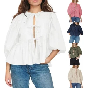 Ladies Lace-up Blouse Shirts Holiday Loose Tunic Swing Cover Up Tops T-shirt Tee - Picture 1 of 22