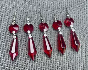 5 RED CUT GLASS CRYSTALS SUN CATCHER LEAF DROPS PRISMS DROPLET CHANDELIER - Picture 1 of 14