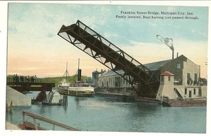 Cartolina Franklin Street Bridge Michigan City barca parzialmente abbassata IN Indiana - Foto 1 di 1