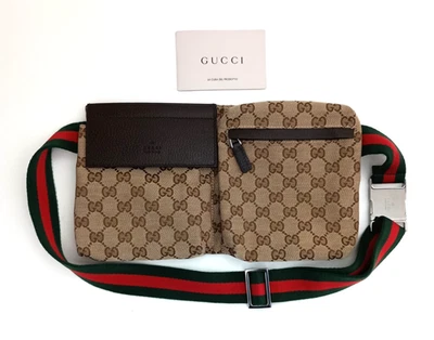 GUCCI GG Supreme Riñonera Bolso Cinturón Doble Bolsillo Web Rayas Lona Cuero Foto 1 de 4