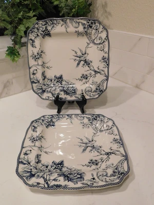 222 Fifth Adelaide Blue Square Dinner Plates Flower, Bird Design  Set Of 2 - Image 1 of 4