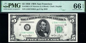 1950 $5 San Francisco *NARROW* Federal Reserve Note FRN • 1961-L • PMG 66 EPQ - Picture 1 of 2