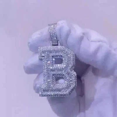 Customize Letter Men's Pendant 14K White Gold Plated 3Ct Baguette Cut Moissanite - Image 1 of 4