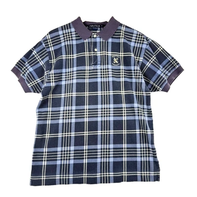 Camisa Polo Manga Corta Vintage Años 90 Nautica Para Hombre Mediana Azul Marino A Cuadros Hip Hop Foto 1 de 4