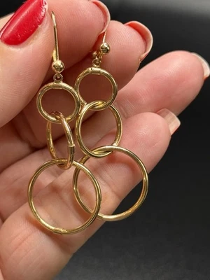 Висячие круглые длинные серьги желтое золото 14 карат винтажные б/у в отличном состоянии - Изображение 1 из 4