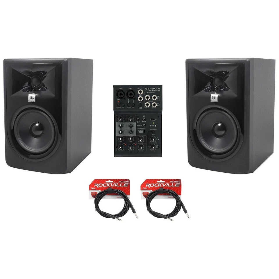 (2) Monitores de estudio alimentados JBL 305P MkII 5" + Interfaz USB Mezclador de 4 canales con ecualizador Foto 1 de 4
