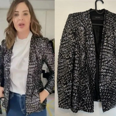 Chaqueta Blazer ZARA Lentejuelas Plateada Negra Ajustada Talla Pequeña S Reino Unido 6 8 Ocasión Inteligente Foto 1 de 4