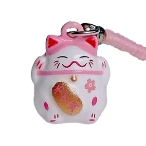 Pink Maneki Neko Lucky Cat Bell Charm Strap - Love - Picture 1 of 3