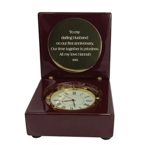 Personalised Clamshell Rosewood Box With Quartz Clock Engraved With Any Text. - Picture 1 of 8