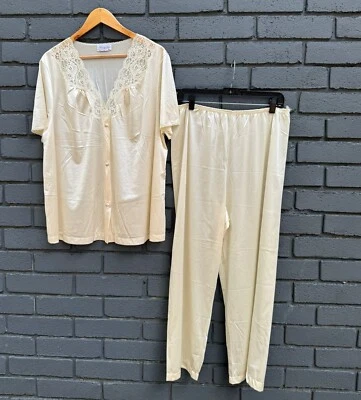 EE. UU. Verdadero De Colección 60 Vanity Fair PJ XL Marfil Nylon Satinado Encaje Prendas para Dormir 2 piezas Pantalón Foto 1 de 4