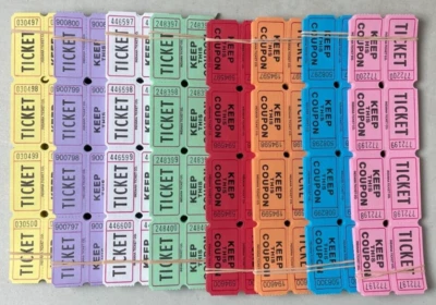 ITC 800 Raffle Tickets Double Stub 100 of each color listed Carnival Festival 50/50