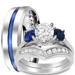 His and Her Wedding Ring Set Blue White Silver Couples Rings Bride Groom His Her - Picture 1 of 7