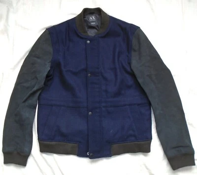 Vintage 90s Armani Exchange Wool Bomber Varsity Jacket Leather Sleeves - Image 1 of 4
