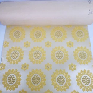 Vtg Flock Floral Medallion Wall Paper Yellow Olive Green Beige 60 Square Feet - Picture 1 of 11