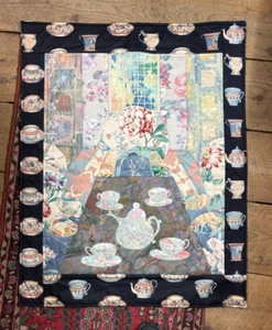 Vintage Quilted Floral Tea Cup Party Cotton Wall Hanging Alice in Wonderland - Picture 1 of 4