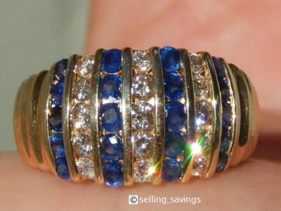 ANILLO BANDA CARA ANCHA CONJUNTO CANAL ZAFIRO DIAMANTE 1.25 TCW ORO AMARILLO 14K Foto 1 de 4