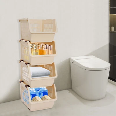 4 PCS Beige Rectangular Stacking Storage Baskets Modern Stackable Storage Bins - Image 1 of 4