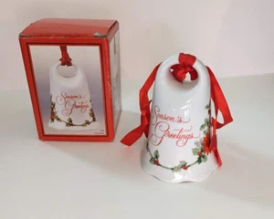 Vintage Toscana Auguri Stagione CAMPANA PORCELLANA Agrifoglio Nastro Rosso Ornamento Giappone - Foto 1 di 9