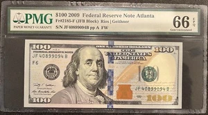 2009 $100 ONE HUNDRED DOLLAR BILL PMG 66 EPQ GEM UNCIRCULATED ATLANTA FRN RIOS - Picture 1 of 6