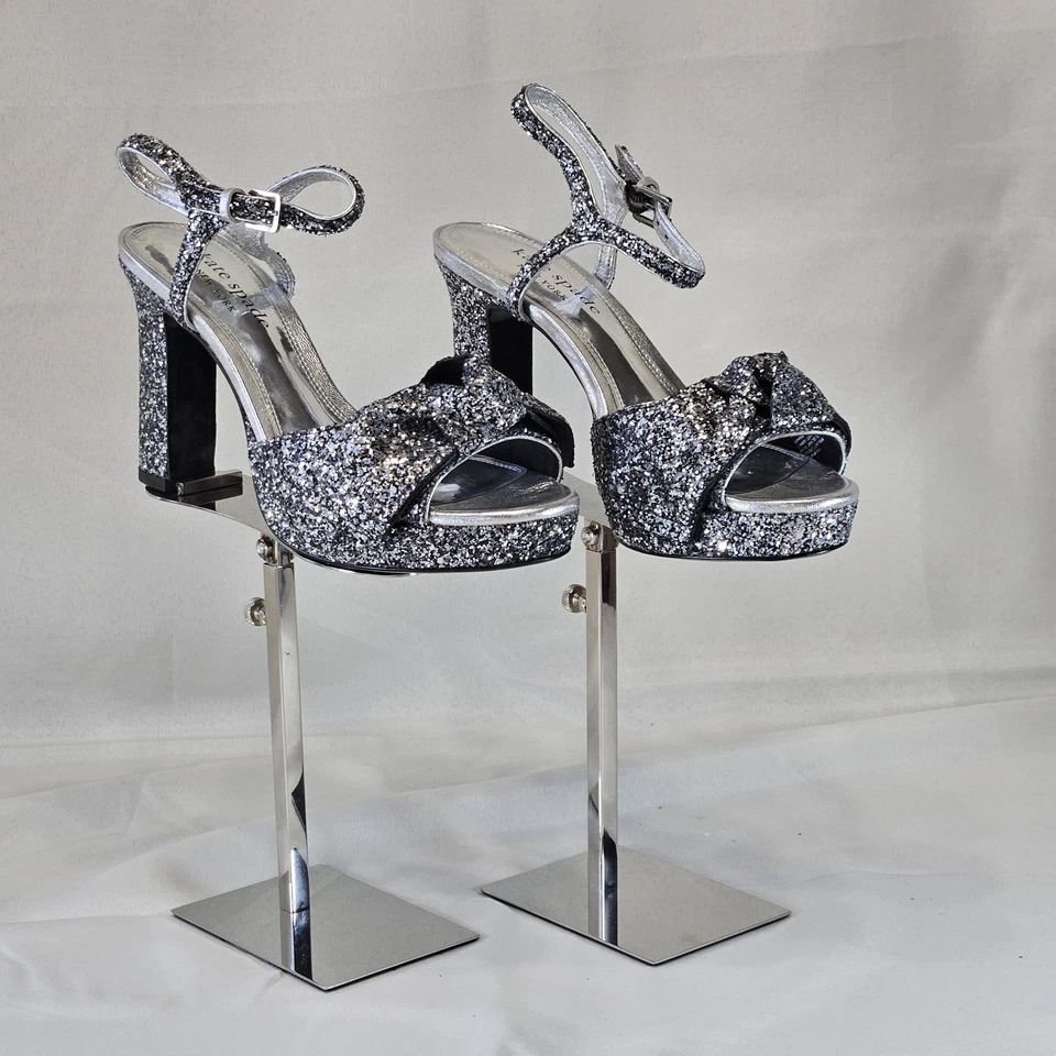 Kate Spade Silver Glitter Bow Miya Platform Open Toe Heels Sz 8B-New - Image 1 of 2