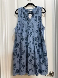 NWT Sonoma Blue Floral LinenBlend Dress Sz1X Split Vneck Sleeveless PleatedFront - Bild 1 von 7