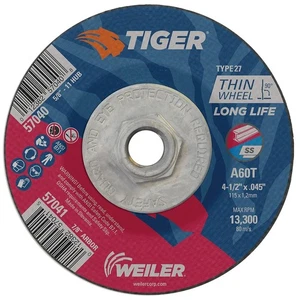10-Pack Weiler Tiger AO Metal 4-1/2" Cutting Wheels, Type 27 A60T, .045", 5/8-11 - Picture 1 of 5