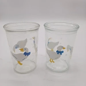 Set Of 2 Vintage BAMA Jelly Jar Juice Glasses White Ducks Geese Blue Bow - Picture 1 of 11