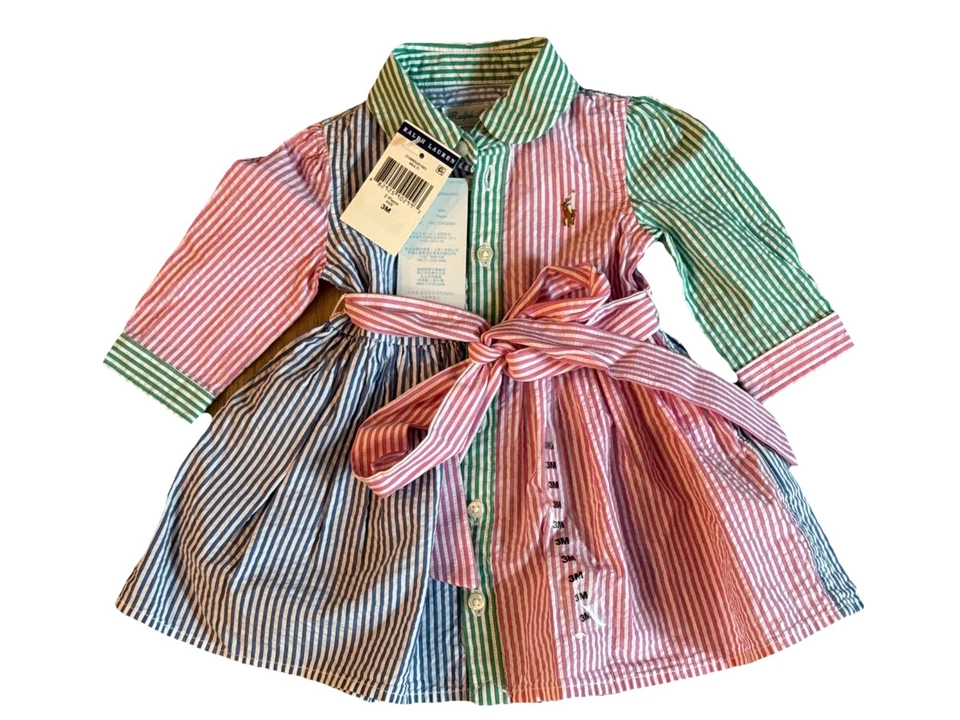 RALPH LAUREN Baby Girl Patchwork Seersucker Dress, Size 3 Month, Pastel Hues NWT - Image 1 of 3