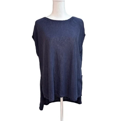 Eileen Fisher Womens Small Top Navy Knit Sleeveless Sheer Pullover Cotton - Image 1 of 4