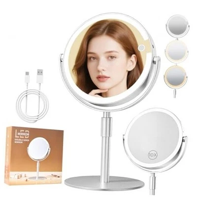 Зеркало для макияжа с подсветкой, 8 дюймов двустороннее увеличение 1X/10X, сенсорное серебристое - Изображение 1 из 4