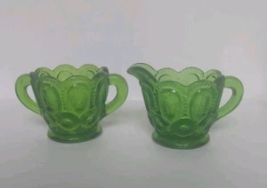 L E Smith Vintage Green Glass Sugar Bowl & Cream Pitcher Moon and Stars - Picture 1 of 11
