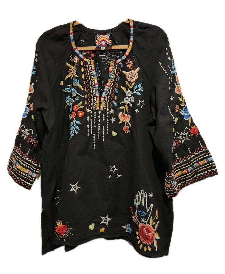 Johnny Was Embroidered Maris Linen Peasant Tunic Black XXL - Image 1 of 4