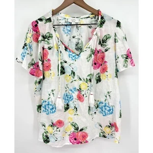 Charter Club Luxus Leinen Bluse Damen XL Blumen Quaste V-Ausschnitt weiß Flatter Sle - Bild 1 von 8