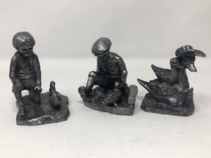 Lot of 3 Michael Ricker Pewter Statues Art Decoration Boys with Ducks & Swans - Picture 1 of 22