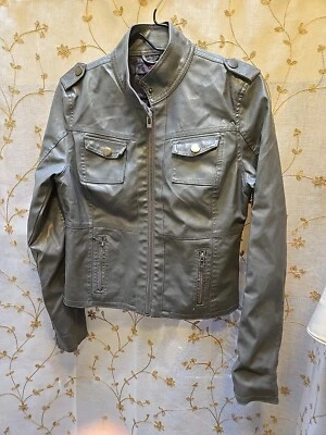 New Look GRAY Faux Leather Moto Jacket Size Juniors Large  - Image 1 of 3