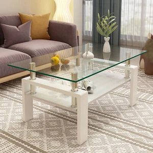 Rectangle Coffee Table, Tempered Glass Tabletop with MDF Layer, Modern Table for - Picture 1 of 11