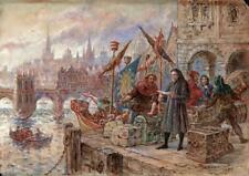 WALTER DUNCAN Watercolour Painting MEDIEVAL FIGURES QUAYSIDE OLD LONDON BRIDGE