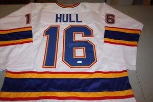 BRETT HULL #16 Sewn Stitched Autographed Custom White ST LOUIS BLUES JERSEY JSA - Picture 1 of 3