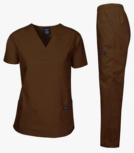 Dagacci Medical Unisex Uniform Top and Pants Set - Brown, Small - Picture 1 of 8