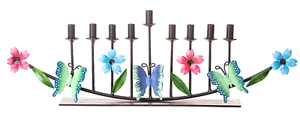 Metal Menorah Green Blue Butterflies, Red & Light Blue Flowers 17 Wide x 8" High - Picture 1 of 1