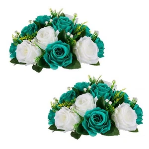 Flower Balls Wedding Rose Centerpieces 2 Pcs Fake Flowers Teal & White Kissin... - Picture 1 of 7