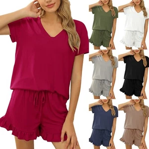 Womens Soft Pajama Sets 2 Piece Sleepwear Tank Top and Ruffle Shorts Loungewear - Picture 1 of 38