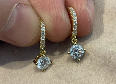 2.0 Carat Lab Created Diamond Round Cut Drop Hoop Earrings Gold Plated 925 - Image 1 of 4