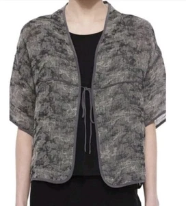 EILEEN FISHER grau-schwarze Leinen Gaze Jacquard Strickjacke Jacke Gr. M Krawatte kastig - Bild 1 von 11