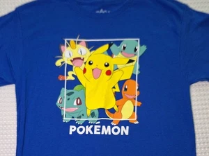 Pokemon Pikachu Squirtle Bulbasaur Charmander Meowth Blue Cotton T-shirt Size L - Picture 1 of 7