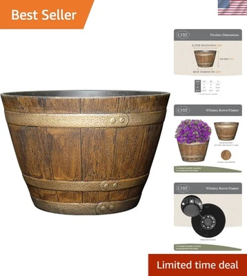 多功能 15 英寸橡木棕色威士忌桶种植器 - 适合花卉和小吃 — 第 1/4 张图片