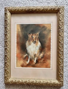 Vtg Ornate Gold Framed COLLIE Dog SIGNED Portrait PRINT 12”x16” Brother Casmen? - Picture 1 of 9