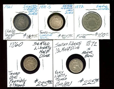 SEATED HALF DIME 1872-S in toned Unc/BU Condition, bottom right coin only - Image 1 of 2