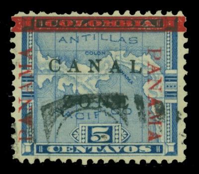 CANAL ZONE (US) 1904 Map of Panama Ovpt. 5c blue  "ZONE" anitque type Sc# 12b U - Image 1 of 2