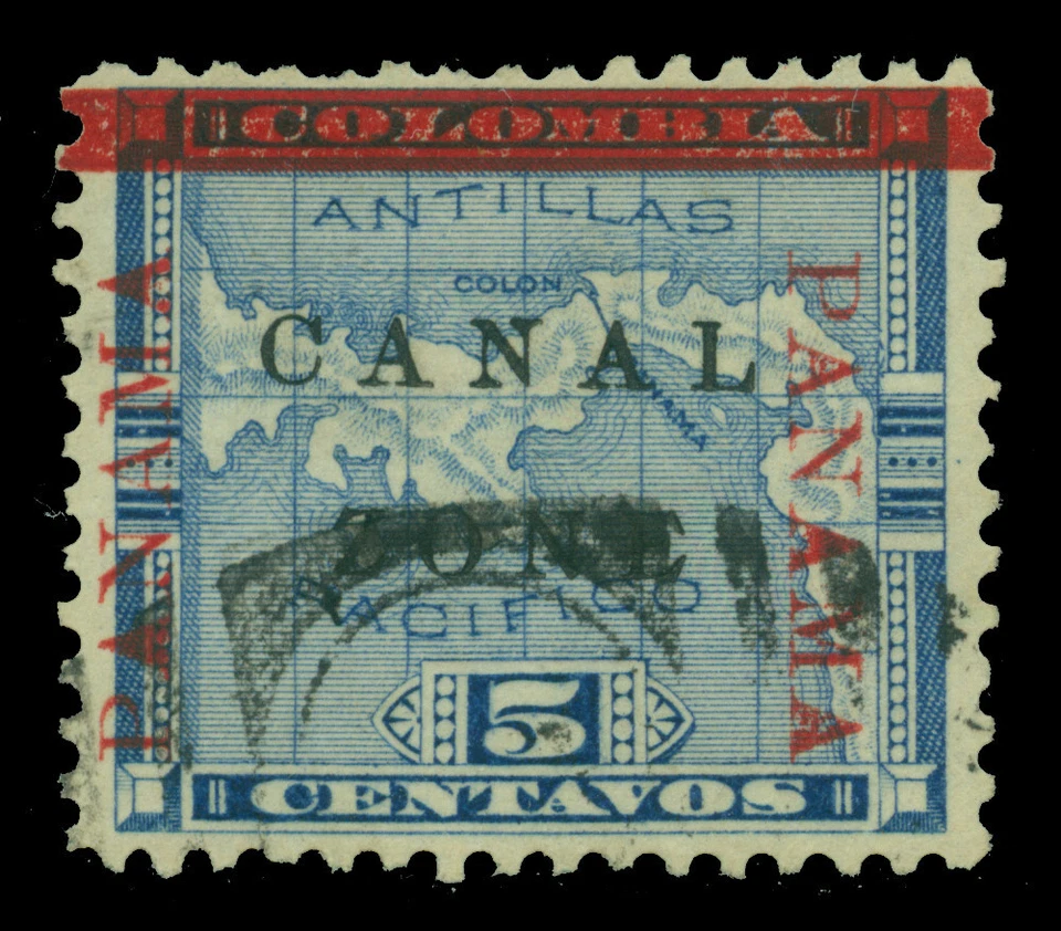 CANAL ZONE (US) 1904 Map of Panama Ovpt. 5c blue  "ZONE" anitque type Sc# 12b U - Image 1 of 2